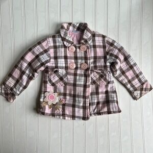 Kids Play Toddler Girl Pink Brown Plaid Floral Embroidered Pea Coat Jacket 3T